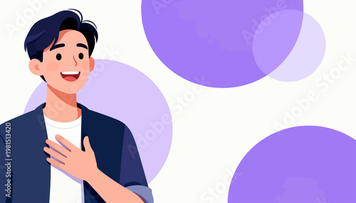 Young man smiles warmly, hand over heart. He appears joyful, sincere, and emotionally connected. Purple circles float behind him, soft and dreamy. Perfect for themes of gratitude, sincerity