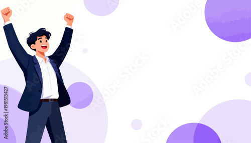 Man celebrates triumph with raised fists. Purple circles float softly behind him. His joyful expression radiates success. Ideal for motivational or achievement-themed projects