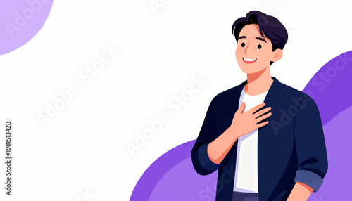 Smiling man gestures warmly toward himself. He wears a dark blazer over a white shirt. His hand rests gently on his chest. Bright purple shapes frame the background. Ideal for concepts of confidence
