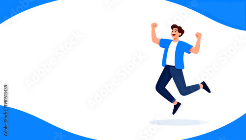 Happy man jumps with arms raised. He wears a blue shirt and dark pants. His joyful expression radiates excitement. Perfect for energetic campaigns or motivational content. Ideal for business, fitness