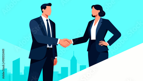 Two professionals shake hands, symbolizing agreement. They stand against a modern city skyline. Business confidence radiates from their posture. Ideal for partnership, collaboration, or success themes