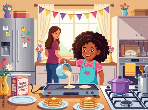 Mother and Daughter Cooking Pancakes Together for Mother's Day Breakfast Celebration in Modern Kitchen Illustration