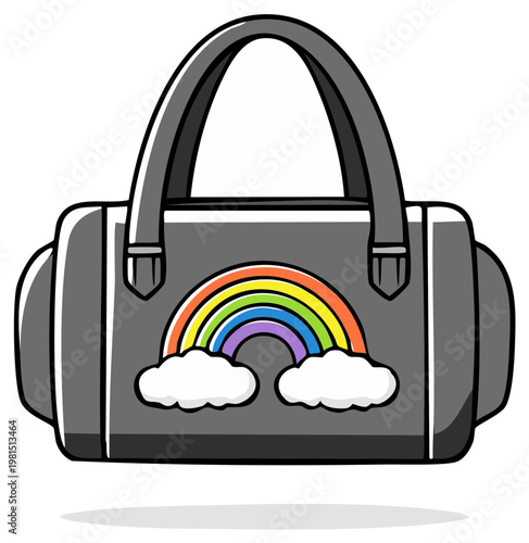 Gray duffel bag with rainbow and cloud design, cartoon style