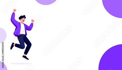 Energetic man leaps joyfully against a clean white background. Purple circles frame the scene with soft, modern flair. His arms rise high as he expresses pure excitement