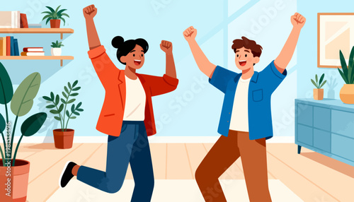 Two joyful people dance in a bright, cozy home. Their arms raised, they celebrate with energetic smiles. Furniture and potted plants fill the warm, sunny space. Ideal for themes of happiness, teamwork
