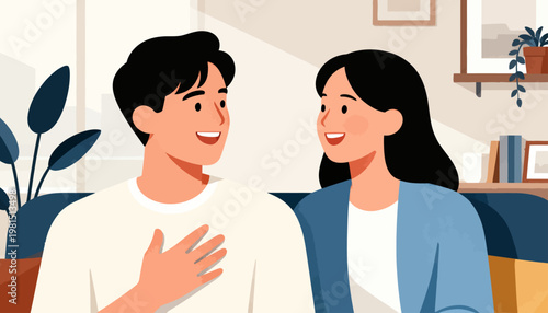 Man and woman smile warmly at each other. They sit close, sharing affection indoors. Soft lighting enhances their joyful expressions. Plant and bookshelves frame the cozy, intimate setting