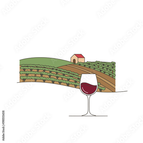 Glass of Red Wine in Vineyard Setting.