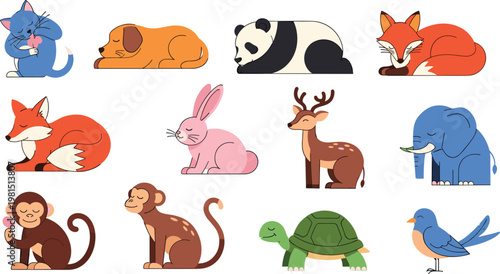 Cute Resting Animals Vector Set with Panda Fox Dog Cat Rabbit Deer Elephant and Wildlife