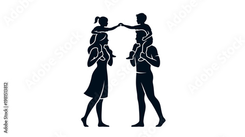 Family Silhouette of Parents Carrying Two Children on Shoulders Touching Hands, Isolated on White Background for Unity and Love Concept