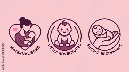Set of 3 Minimalist Baby and Motherhood Logo Templates, Maternal Bond, Little Adventures, and Secure Beginnings Vector Icons for Parenting and Childcare Branding