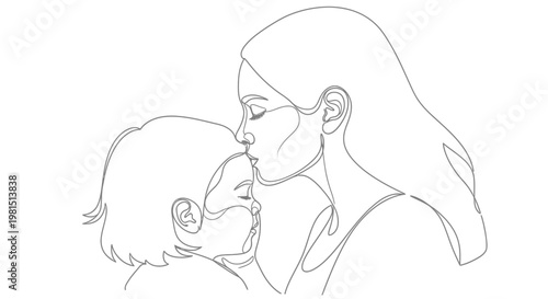 Mother and child embracing in a tender moment, line art illustration.