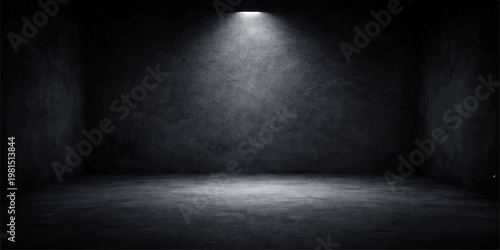 Empty room with spotlights in a dark interior featuring a grunge concrete floor and textured gray cement wall for a vintage backdrop design