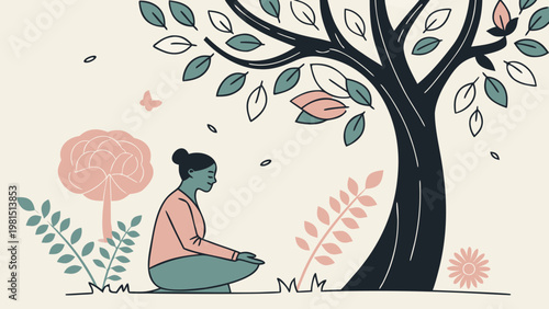 Mental Health Wellness Illustration, Meditation and Self Care Concept Vector