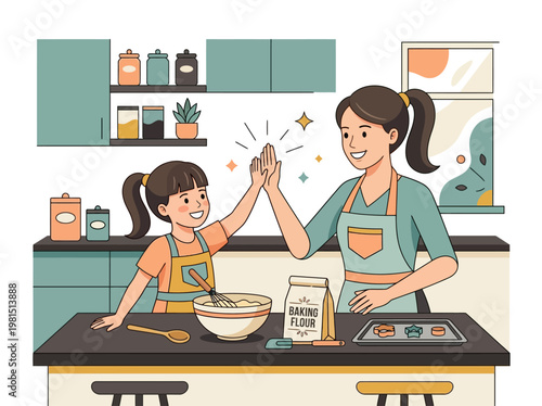 Mother and Daughter Giving High Five While Baking Cookies Together in Modern Kitchen Illustration