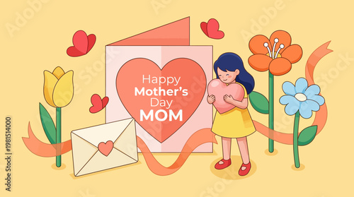 Mother's Day Greeting Card Illustration with Little Girl Holding a Heart, Spring Flowers, and Butterflies