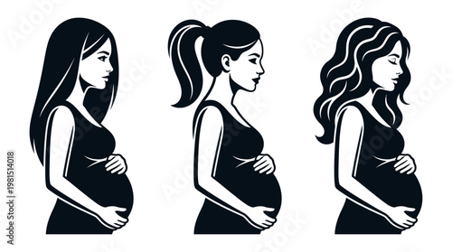 Set of Silhouette Illustrations of Pregnant Women with Different Hairstyles; Vector Icon of Motherhood, Maternity, Prenatal Care, and Expectant Mothers Profile