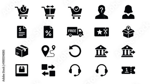 Collection of black icons related to ecommerce and business services