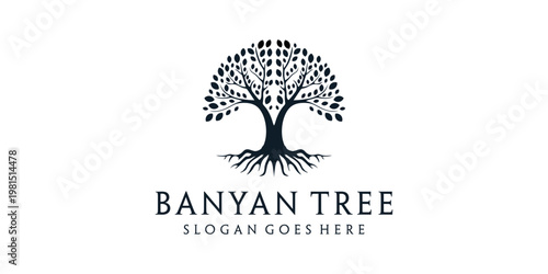 Foto Banyan tree with roots nature silhouette logo design