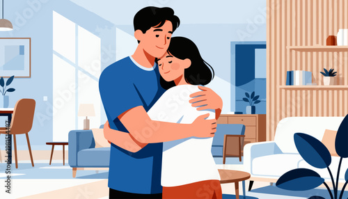 Cozy living room with soft, warm tones. Man embraces woman in gentle, loving hug. Their eyes closed, showing deep comfort and affection. Illustration style suits emotional family or romantic moments