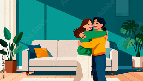 Two women embrace warmly in a cozy living room. Sunlight streams through a window, casting soft shadows. They smile, sharing affection in a tranquil setting. Potted plants frame the space