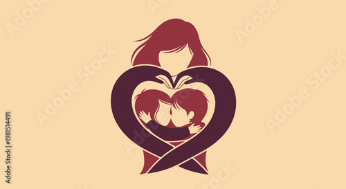 Mother and children embraced in a heart shape, symbolizing love and family bond.