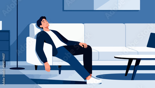 Man relaxes on white couch in minimalist living room. His closed eyes and laid-back posture show calm and comfort. Blue tones give the scene a tranquil, serene mood. Perfect for wellness, rest
