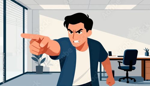 Angry man points accusingly in modern office. Fists clenched, face shows intense frustration. Office features desks, chairs, and large windows. Ideal for business conflicts, leadership tension