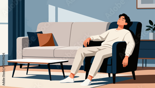 Cozy living room with calm, relaxed vibe. Man lounges on dark armchair, eyes closed. Soft sunlight casts gentle shadows across room. Minimalist decor includes sofa, coffee table, and potted plant