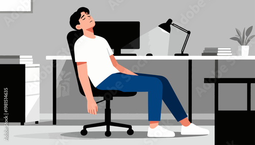 Man relaxes in office chair, eyes closed. Desk holds monitor, lamp, stacks of books. Cozy, quiet atmosphere, no urgency. Perfect for break, wellness, or work-life balance themes