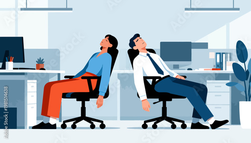 Two people relax in office chairs, eyes closed. They lean back, appearing tired or content. Office desks and plants surround them softly. Ideal for scenes of workplace fatigue or calm