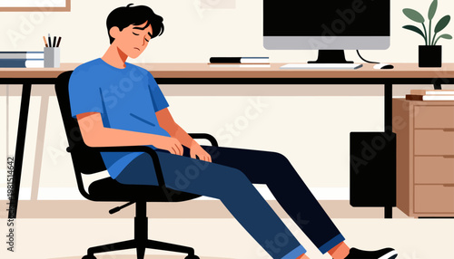 Young man sits slumped, tired after long work. Office chair, desk, monitor, books, plant nearby. His eyes closed, head slightly bowed. Suggests fatigue or stress after a demanding day