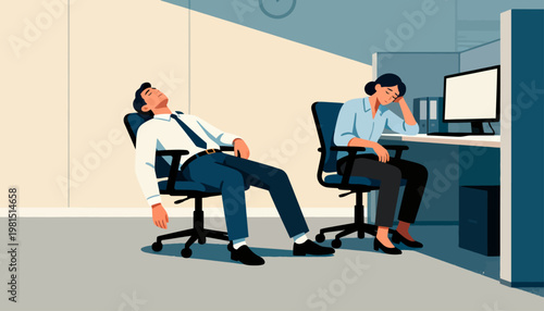 Two employees slump in office chairs. One sleeps, the other sighs, both exhausted. Flat design, muted tones, modern workplace. Ideal for fatigue, burnout, or overwork themes