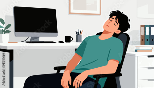 Man slumps in office chair, eyes closed. Desk holds monitor, mug, and pens. Plant sits on left, books on right. Quiet moment of fatigue or stress. Perfect for illustrating burnout or tired workdays