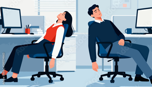Two people nap in office chairs. They appear relaxed, eyes closed, heads back. Office desks and monitors surround them. Fatigue or stress is implied. Ideal for workplace burnout or productivity themes