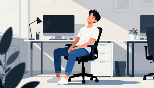 Young man sits relaxed, eyes closed. Office chair, computer, desk, and sunlight. Minimalist room, calm, quiet. Perfect for stress-free work or break moments. Ideal for wellness, productivity