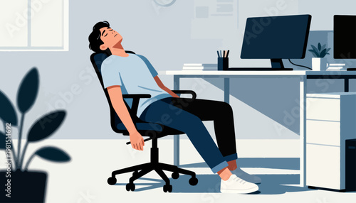 Man rests in office chair, eyes closed. He leans back, relaxed, unbothered. Desk holds monitors, plants, pens. Soft light falls across tidy workspace. Ideal for fatigue, downtime, or break imagery