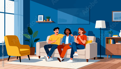 Three friends laugh together on a cozy couch. Bright blue walls and warm lighting create a cheerful vibe. Yellow armchair and potted plant add charm to the room