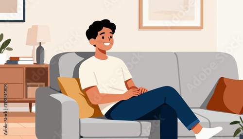 Cozy living room with soft lighting. Man sits relaxed on gray couch with smile. Couch has yellow and orange pillows. Side table holds lamp and books. Framed art hangs on light-colored walls