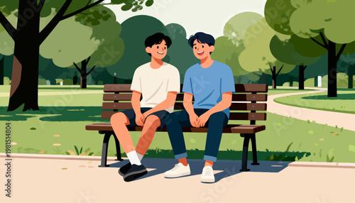 Two young men sit smiling on a park bench. They enjoy a quiet moment together in nature. Trees and grass surround them with soft, warm light. Their relaxed posture shows genuine friendship and ease