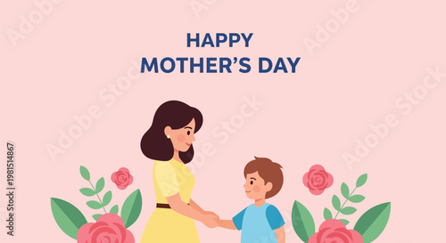 Mother and son celebrating Happy Mothers Day with floral decorations.
