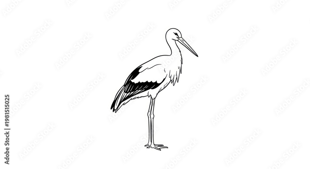 Fototapeta premium A stork stands tall on one leg, facing to the left. The bird has black and white feathers, a long beak, and slender legs.