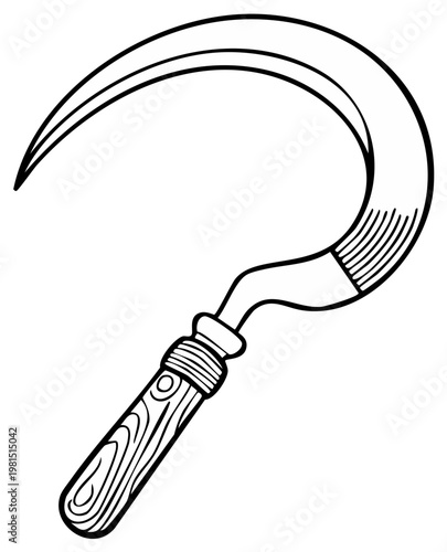 Black and white illustration of a vintage sickle harvesting tool with wooden handle.