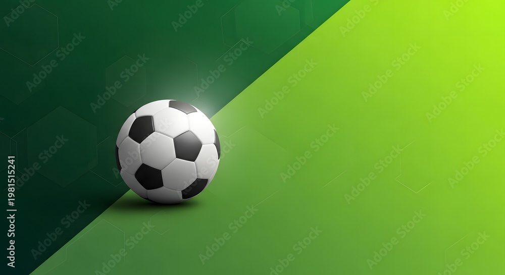 Obraz premium Soccer ball on a split green background with a dark green side and a light green side featuring subtle hexagonal patterns