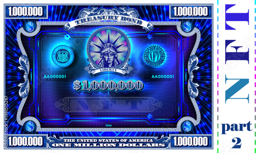 Vector glowing blue symmetrical treasury bond. One million dollars. Bright contrasting security, rays, computer chip, 1000000. Virtual cyber non-fungible token. 3D NFT with shadows