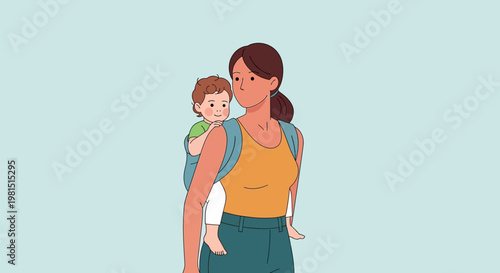 Mother carrying her baby on her back in a baby carrier.