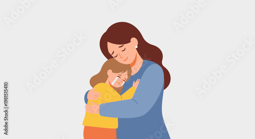 Mother comforting her crying child with a warm embrace.