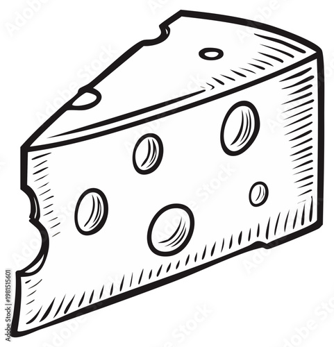 Vector illustration of cheese wedge with holes in black and white for menu design or deli packaging element, slice of dairy product