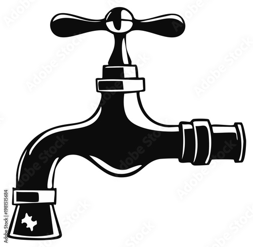 Vintage Water Tap Illustration Black and White Retro Faucet Plumbing Fixture