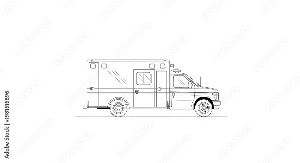 Obraz premium A line drawing depicts a white ambulance. The ambulance has a rectangular body, a roof light, and a side door. It is parked on a plain white background.