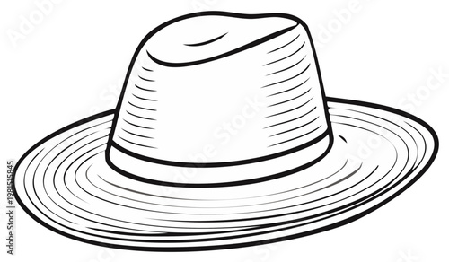 Outlined Illustration of Panama Hat, Fashion Accessory, Summer Headwear
